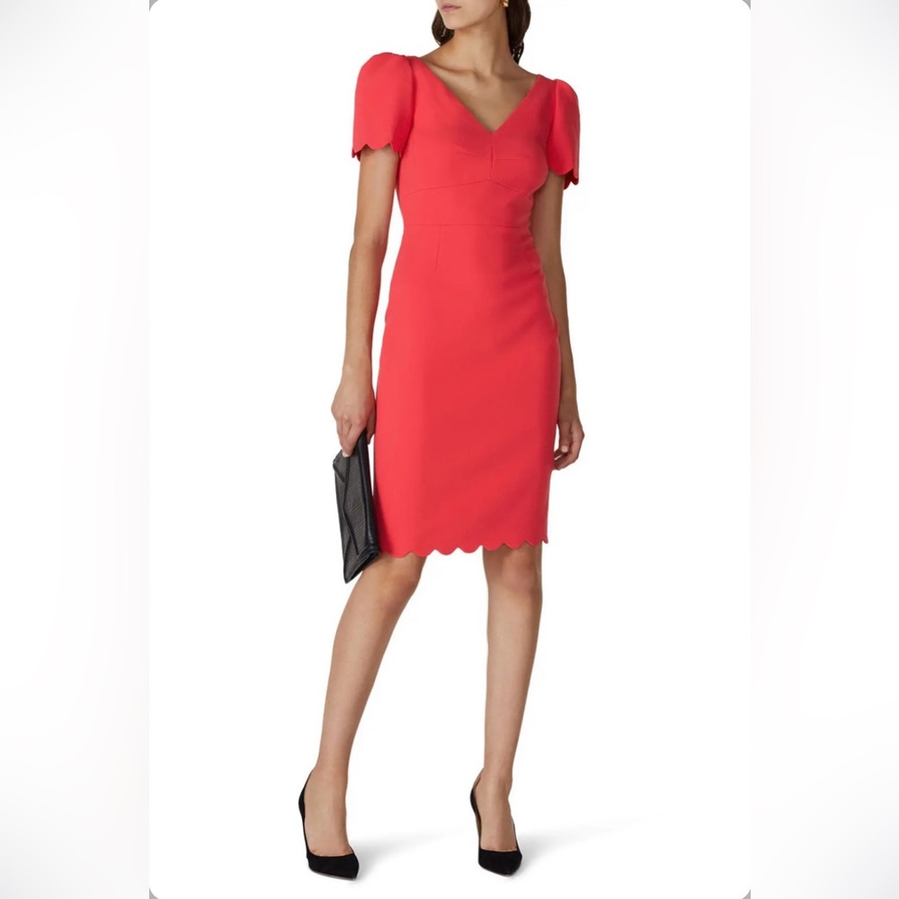 L.K Bennett Enid V Neck Scallop Sheath Dress Coral Red Women's Size 2